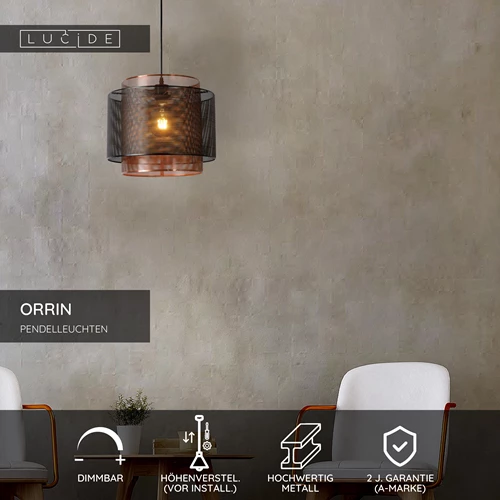 Lucide ORRIN - Pendelleuchten - Ø 34 cm - 1xE27 - Schwarz - USP